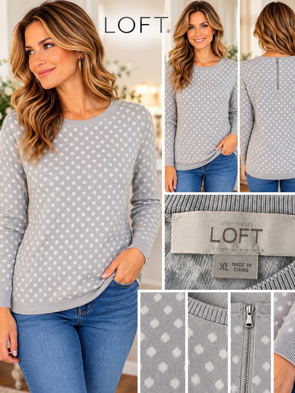 LOFT Light Gray Crewneck Polka Dot Sweater